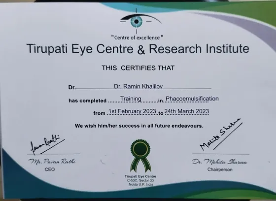 Tirupati Eye Centre sertifikatı